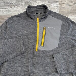 Eddie Bauer Gray Men L 1/4 Quarter Zip Spell Out Mock Neck Pullover Sweatshirt‎